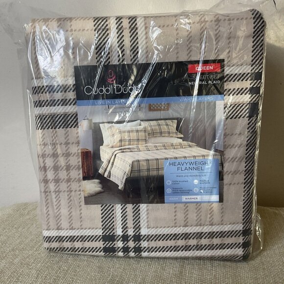 Cuddl Duds Queen Heavyweight Flannel Sheet Set Neutral Plaid Queen Size - Picture 2 of 6